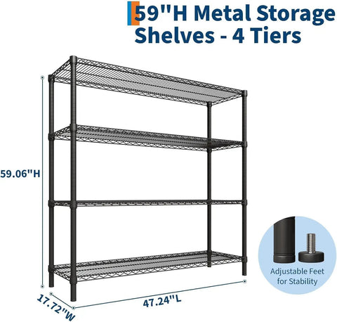 4 Tier Hella Heavy Duty Adjustable Steel Wire Storage Shelving Rack with Thickened Black Matte Finish, 59.06"H, 47.24"L, 17.72"W.