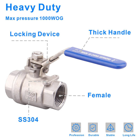 DERNORD stainless steel 304 ball valve with locking blue lever, full-port, 3/4 in NPT, female threaded ends