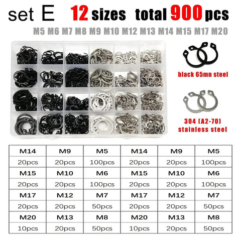 Heavy Duty Retaining Rings Assortment Kit 750 1500 2700 Pcs M5-M20 C Type External Circlips Stainless Steel 900 Pcs