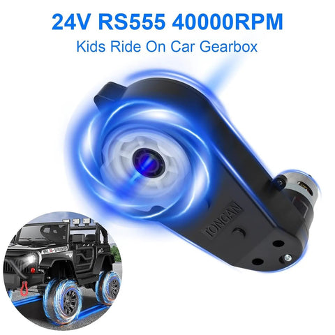 24V High Torque Ride On Motor Upgrade 40000RPM With Gearbox for Kids Electric Cars, featuring RS555 Drive Engine and imagery of powered wheels