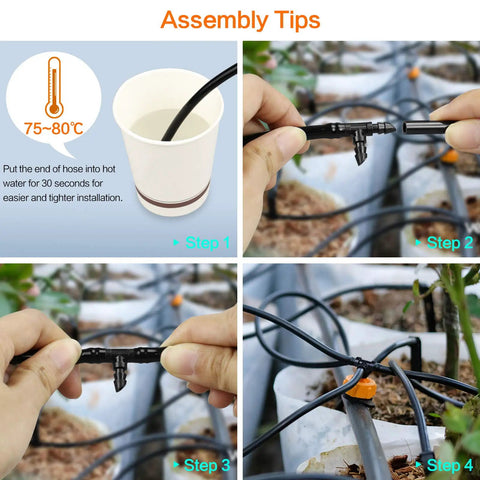 Assembly tips for All In One 1/4 Inch Drip Irrigation Fittings Kit With 130 Pieces showing steps to install barbed couplings and tubing.