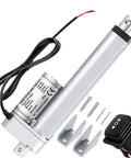 AWINLI 12V linear actuator, silver metal body with mounting brackets and remote switch (side view)
