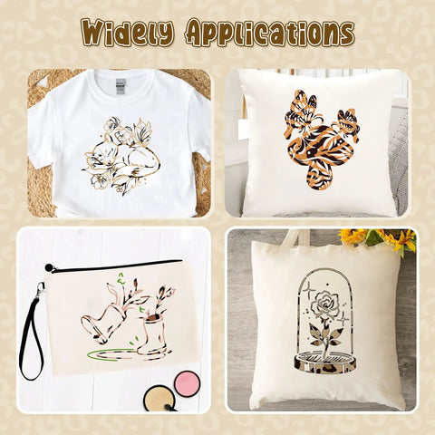 T-shirt, pillows, and bag customized with Leopard Heat Transfer Vinyl Kit With 16 Sheets 12 By 10 Inch Boho Leopard HTV.