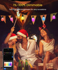Smart RGB Outdoor String Lights 96ft With Independent Bulb Color Control illuminating a festive gathering; app shown on phone.