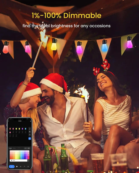 Smart RGB Outdoor String Lights 96ft With Independent Bulb Color Control illuminating a festive gathering; app shown on phone.