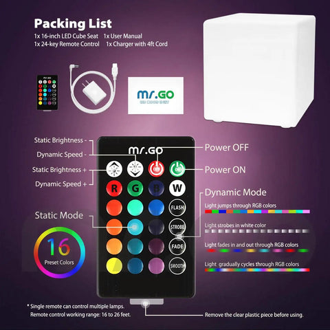 Packing list and features of 16 Inch LED Cube Chair Light With 16 RGB Colors Glow Cube Seat Waterproof Floor Lamp For Home Patio Poolside Parties Doubles As A Lighted Side Table And Chill Vibe Center With Remote, includes remote and charger.