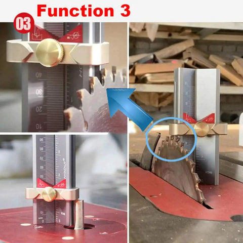 Three In One Handy Measuring Gauge Set showing table saw height measurement with red scale and brass knob
