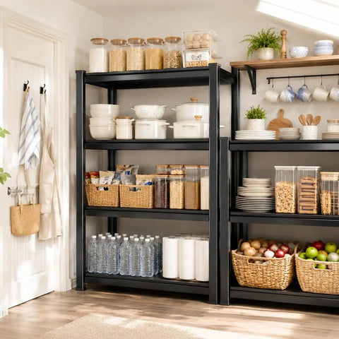 4 Tier Bolt Free Kitchen Storage Shelves with Adjustable Detachable Metal Tiers Heavy Duty Steel Shelving Unit in pantry