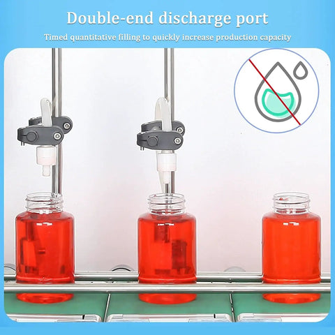 Double Head Automatic Bottle Filler Machine With Conveyor Belt filling red liquid into bottles with double-end discharge port.