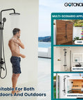 Top Shelf 304 Stainless Steel Outdoor Shower Kit With 8 Inch Rainfall Head And Handheld Sprayer In Slick Matte Black Finish shown in use outdoors.