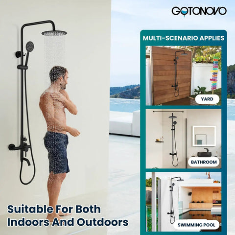 Top Shelf 304 Stainless Steel Outdoor Shower Kit With 8 Inch Rainfall Head And Handheld Sprayer In Slick Matte Black Finish shown in use outdoors.