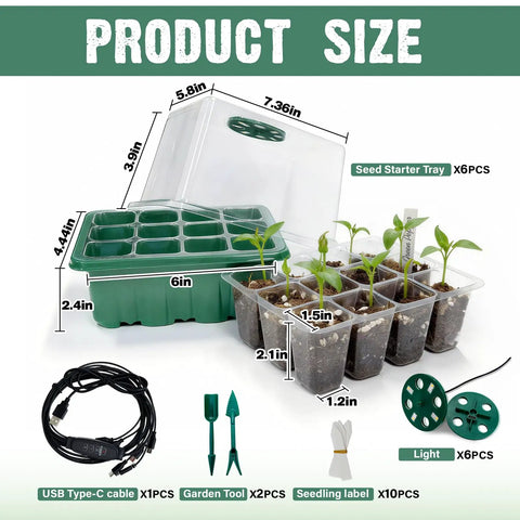 Six Pack Seed Starter Kit With Grow Light And 72 Cell Plant Starter Trays 3.9 Inch Humidity Dome USB-C cables, tools, and labels.