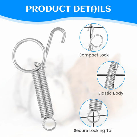 Front view of 20-pack metal spring latch for cages; silver steel with curved hook and ring.