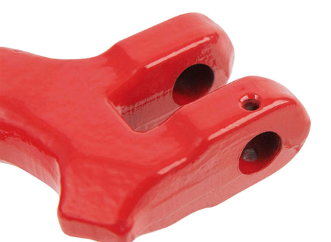 Close-up of red Three Eighths Inch Logging Chain Choker Hook Grade 80 Not For Overhead Lifting 6900 Lbs WLL Two Pack component