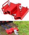 Heavy Duty Forklift Trailer Hitch Attachment With Dual 2 Inch Receiver Crafted From Rugged Steel, showing a red towing hitch attachment.