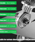Close-up of Drill Nibbler Sheet Metal Cutting Tool Attachment for Electric Drills showing cutting capabilities on various metals.