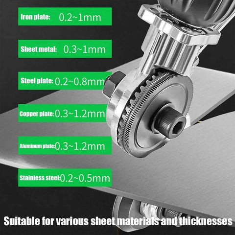 Close-up of Drill Nibbler Sheet Metal Cutting Tool Attachment for Electric Drills showing cutting capabilities on various metals.