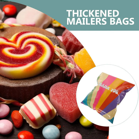 Rainbow Color Waterproof Poly Mailer Bags 100 Count Self Sealing Shipping Envelopes for clothes with sweets and candy background