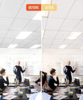 Before and after of Magnetic Fluorescent Light Covers for classrooms showing glare reduction and improved lighting in office setting.