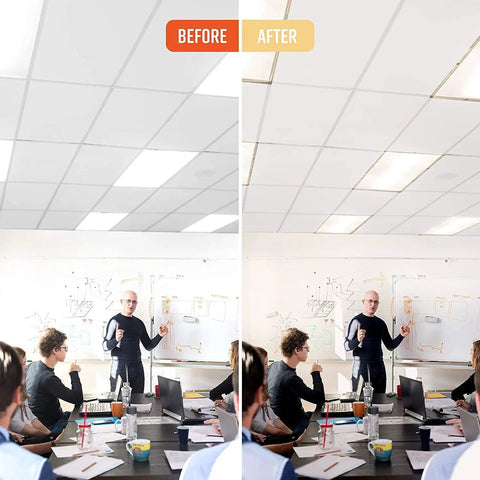 Before and after of Magnetic Fluorescent Light Covers for classrooms showing glare reduction and improved lighting in office setting.