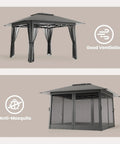 13x13 Pop Up Gazebo Tent With Mosquito Netting For Outdoor Lawn And Backyard Use, side view showing ventilation and mosquito protection, Gray