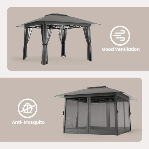 13x13 Pop Up Gazebo Tent With Mosquito Netting For Outdoor Lawn And Backyard Use, side view showing ventilation and mosquito protection, Gray