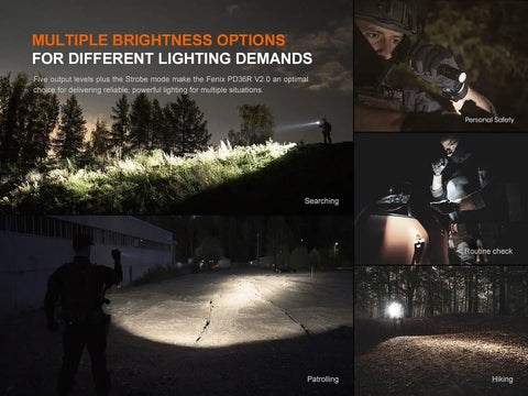PD36R V2.0 1700 Lumen USB Type C Rechargeable EDC Tactical Flashlight used for searching, safety, routine checks, patrolling, hiking.
