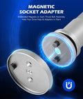 Magnetic socket adapter, front view; silver round plates with embedded magnets.