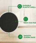 Close-up of Eight Pack Extra Large Furniture Sliders For Carpet And Hardwood Floors Heavy Duty Reusable Gliders that show durable plastic shell, thick EVA foam, and smooth gliding base.