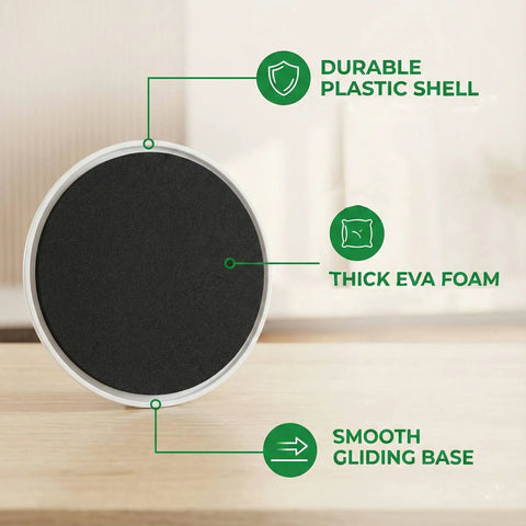 Close-up of Eight Pack Extra Large Furniture Sliders For Carpet And Hardwood Floors Heavy Duty Reusable Gliders that show durable plastic shell, thick EVA foam, and smooth gliding base.