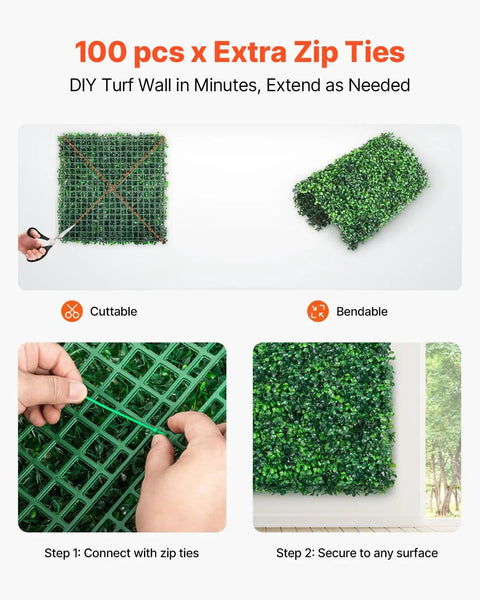 Cuttable and bendable artificial boxwood panel with zip ties; 24 pack, 20x20 inch green hedge wall panels for privacy fences and decor.