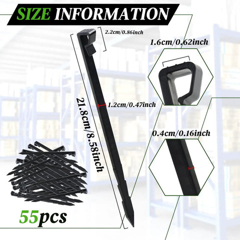 Image of 55 Piece Landscape Edging Anchor Stakes Set, 8.5 Inch Heavy Duty Black Plastic Garden Stakes with size details.