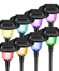 Set of 8 Outdoor Solar Lights for Yard and Pathway, Auto RGB Color Changing and Warm White Glass Landscape Lights with solar panels.