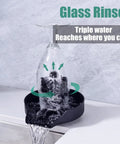 Matte Black Glass Rinser For Kitchen Sink With Automatic Cup Washer And Brush, water rinsing inverted glass, countertop setup.