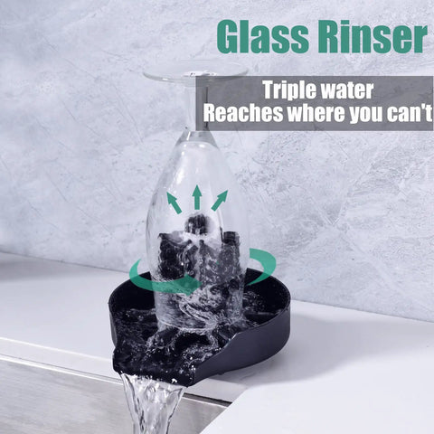 Matte Black Glass Rinser For Kitchen Sink With Automatic Cup Washer And Brush, water rinsing inverted glass, countertop setup.