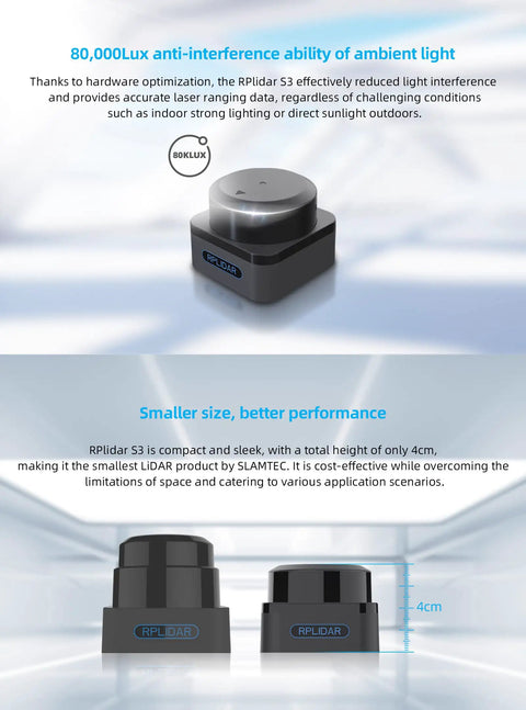 RPLIDAR S3 2D Lidar Sensor With 360 Degree Scan And 40m Range IP65 Dust And Water Protection shown with size comparison