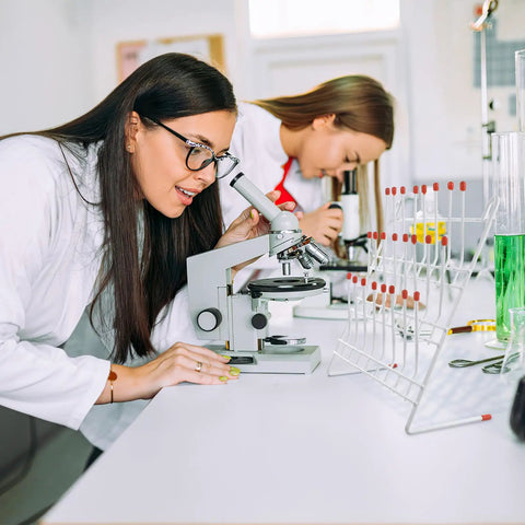 Chill Out Your Lab Setup With This Sleek White Metal Test Tube Drying Rack. Two students using a microscope in a lab setting.