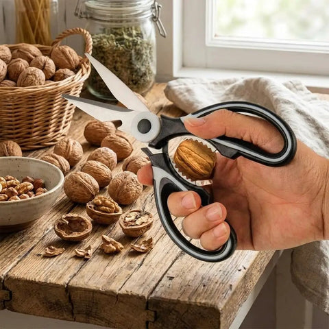 Heavy Duty Kitchen Scissors All Purpose Stainless Steel Food Shears For Meat Poultry Fish Veggies And Herbs Multipurpose Sharp Scissors With Ergonomic Grip Dishwasher Safe Black Finish Meal Prep Ready, black handled kitchen shears cutting walnuts