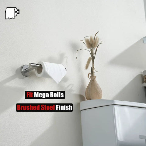 Sturdy 304 Stainless Steel Toilet Paper Holder With 5 Inch Roll Capacity, Brushed Nickel Wall Mount, shown in bathroom