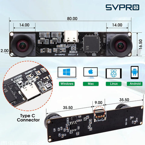 Front and back view of 1080P 60FPS USB Camera Module With Dual M12 Lenses And 3840x1080 Resolution, UVC Computer Vision Ready 3D Stereo Camera For Face Recognition, VR Biometrics And Robotics, Plug And Play High Speed USB 2.0