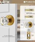 Antique Brass Glass Door Knobs With Privacy Lock showing size and measurements for bedroom and bathroom door fit.
