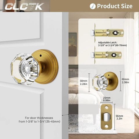 Antique Brass Glass Door Knobs With Privacy Lock showing size and measurements for bedroom and bathroom door fit.