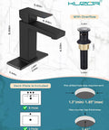 Single Hole Matte Black Bathroom Faucet With No Fuss One Handle Pop Up Drain 304 Stainless Steel Drip Free Ceramic Cartridge 23 Inch Hose Easy Five Minute Install For Modern Vanity with dimensions and included deck plate.