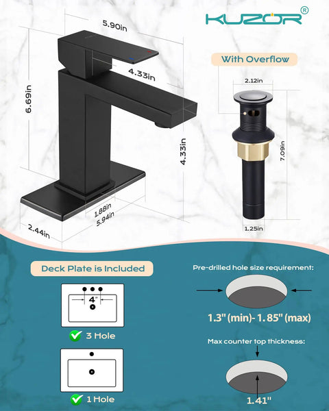 Single Hole Matte Black Bathroom Faucet With No Fuss One Handle Pop Up Drain 304 Stainless Steel Drip Free Ceramic Cartridge 23 Inch Hose Easy Five Minute Install For Modern Vanity with dimensions and included deck plate.