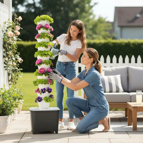 Hydroponic Growing System Kit With Aeroponic Tower 50 Hole Vertical Garden For Vegetables Herbs And Flowers Includes Pump And Mobile Water Tank