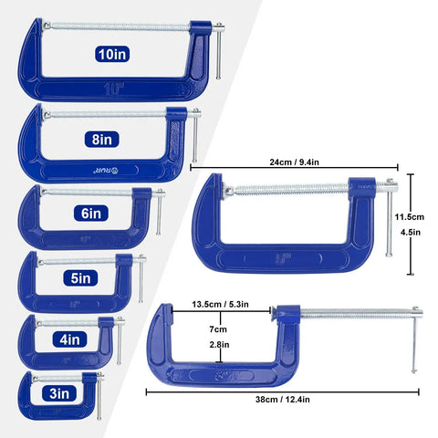 Four Pack 5 Inch Blue C Clamps Heavy Duty Iron Clamps for Woodworking, Welding, and Automotive Use Secure Brake Calipers DIY Projects Building Maintenance and More for DIYers, blue 5in clamp set
