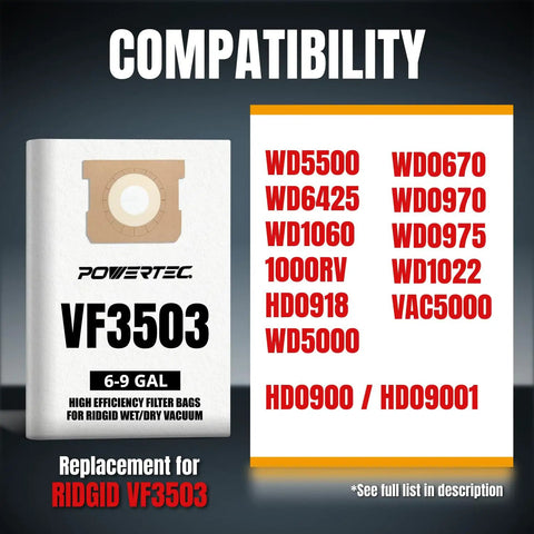 Packaging of Size B Shop Vac Bags Six Pack For Ridgid 6 9 Gallon Wet Dry Vacuums with compatibility list for various models