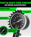 Close-up of analog dial from Three In One Tire Inflator And Gauge with heavy-duty air chuck, showing psi measurement.