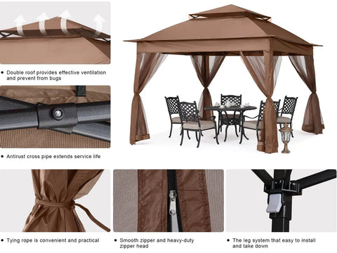 Pop Up Patio Gazebo With Mesh Walls 11x11 Brown, Easy Setup For 1 To 2 People, 121 Square Feet Covered Shade, shown with furniture