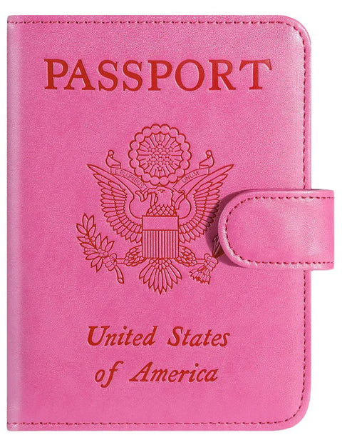 Pink Passport Holder Wallet With RFID Blocking Leather Card Case For Travel For Women And Men Premium Cover with Embossed US Seal